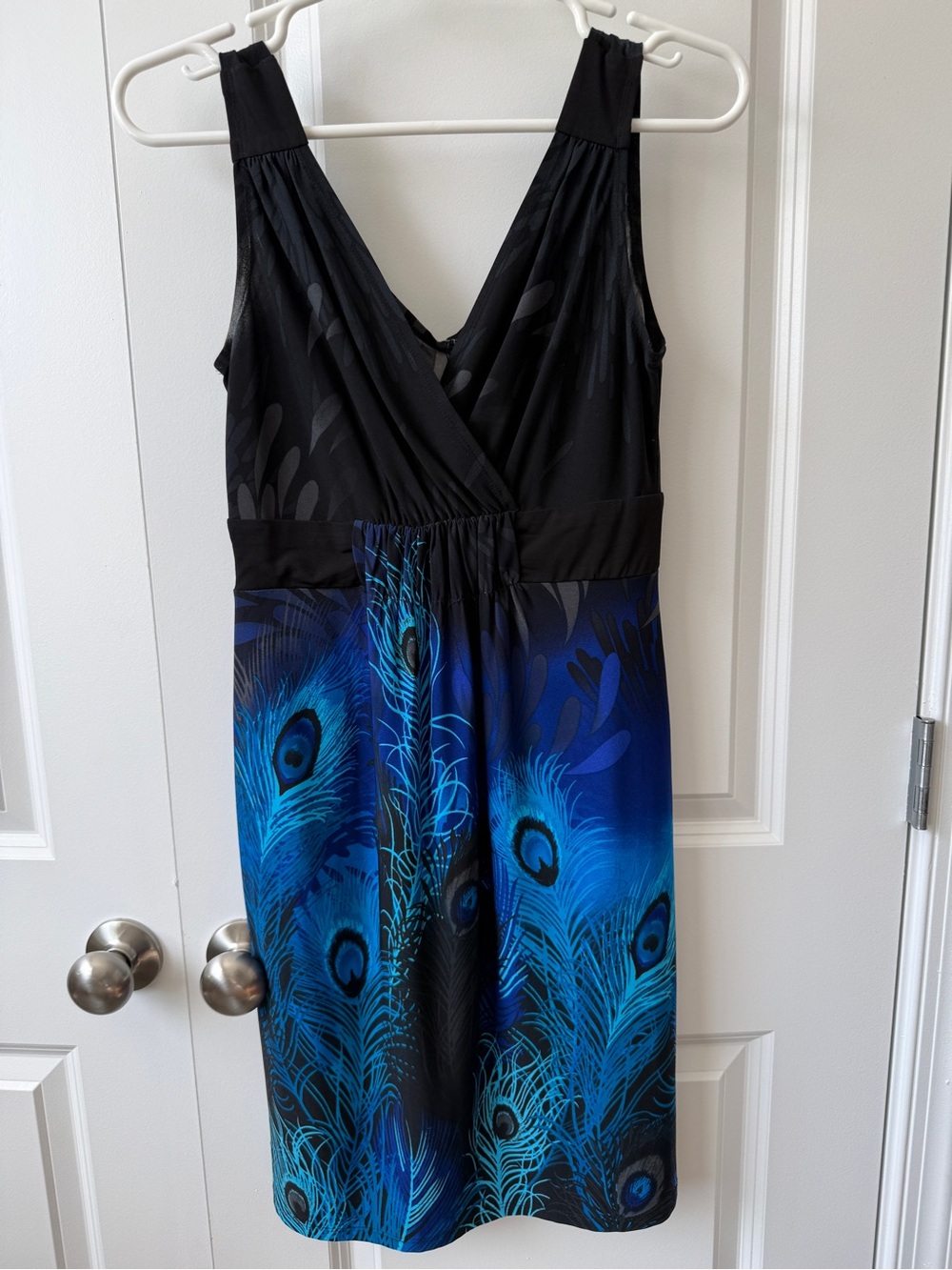 Black & Blue Peacock Print V-Neck Women's Dress